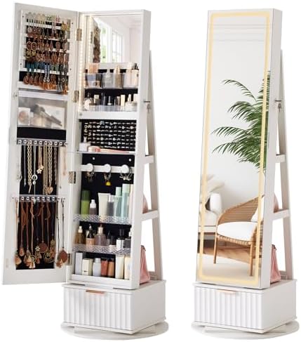 Full Length Mirror Jewelry Armoire - Fluted 360° Swivel Jewelry Armoire Cabinet
