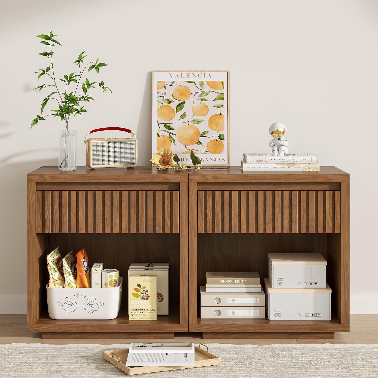 Solid Wood Nightstand 2 Drawers - 2-Drawer Fluted Nightstand Set of 2
