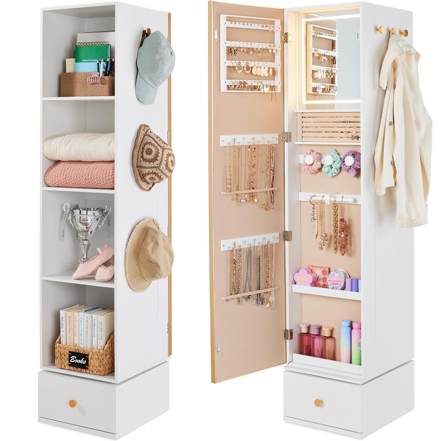 Full Length Mirror Jewelry Armoire - Rotating Mirror w/Storage Cabinet, 360 Swivel