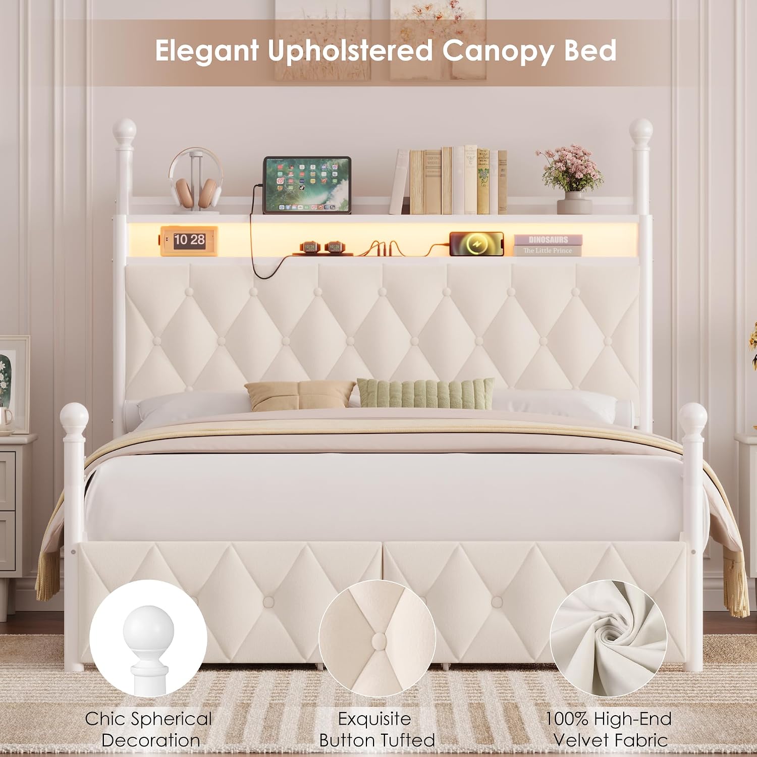 Queen Size LED Canopy Bed Fram - đánh giá và giá Canopy Bed Frame Metal Queen