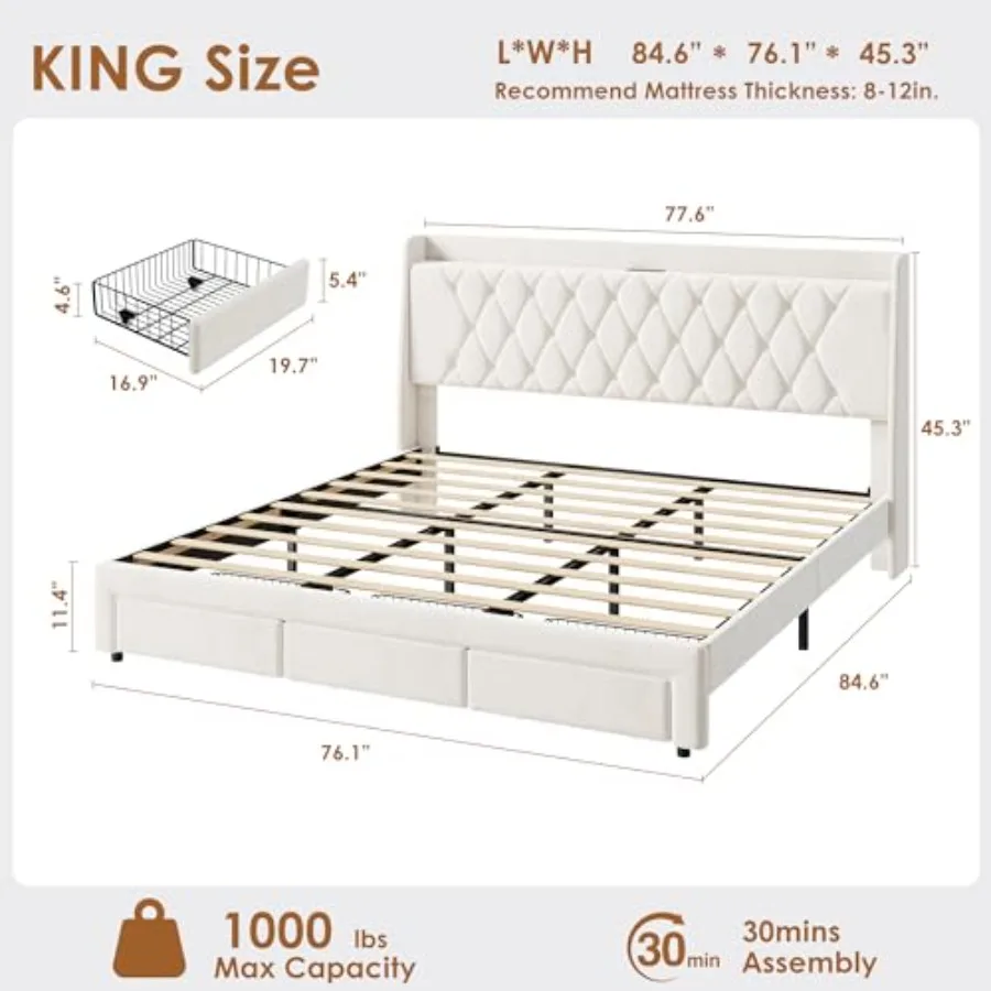 King Size Velvet Upholstered P - đánh giá và giá King Size Bed Frame With Storage Drawers